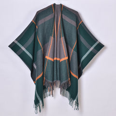 Classic Lines Plaid Shawl Thick Knit Cardigan Cloak