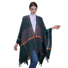 Classic Lines Plaid Shawl Thick Knit Cardigan Cloak