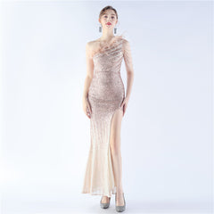 Elegant Gradient Sequin Beaded Feather Evening Dress