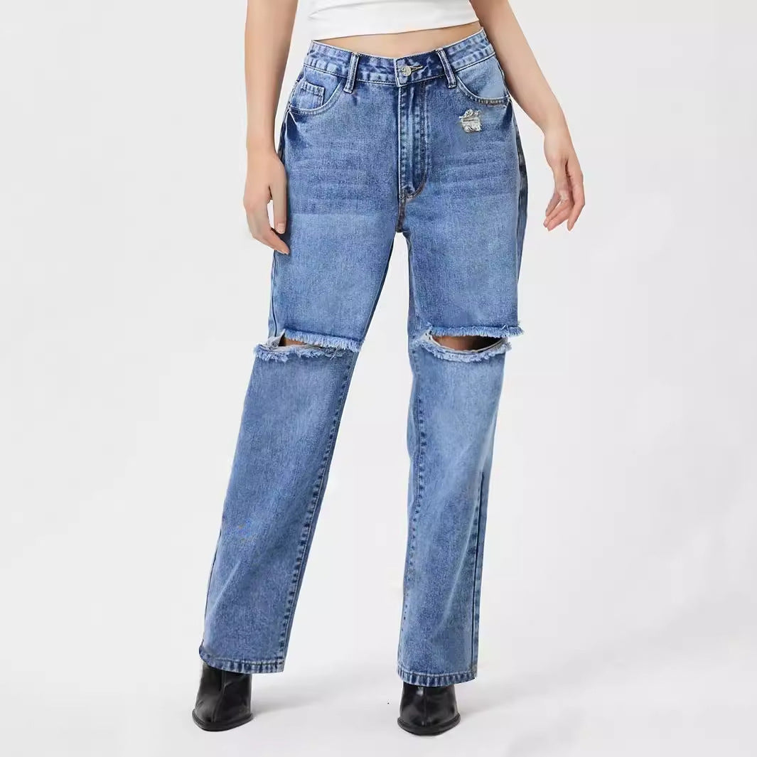 Women Loose Hole Denim Jeans