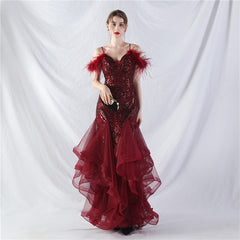 Elegant Ostrich Feather Mesh Floral Sequin Formal Dress