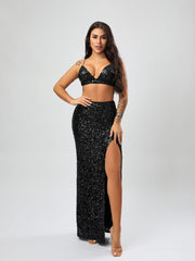 Sexy Sequined High Slit Skirt Set