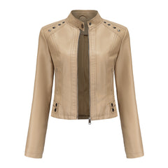 Women Rivets Leather Short Thin Stand Collar Jacket