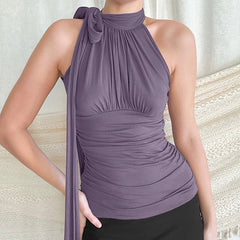 French Scarf Peplum Solid Color Pleated Sleeveless Top