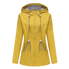 Women Hooded Striped Raincoat Mid Length Trench Coat