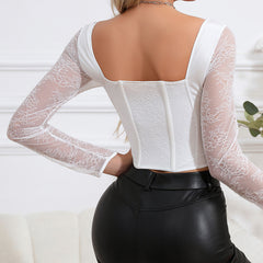 White Lace Sexy Boning Corset Long Sleeve Top