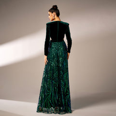 Long Sleeved V Neck Sequined Split Green Evening Dress