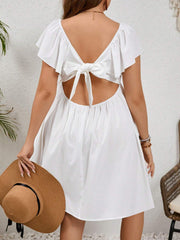 Plus Size Square Collar Ruffle Sleeve Backless Strap Casual Dress