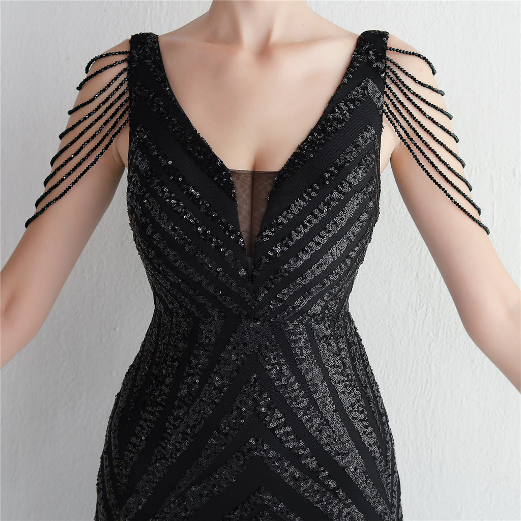 REVCHIC LUXE Elegant V-Neck Sequin Fringe Maxi Gown