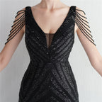 REVCHIC LUXE Elegant V-Neck Sequin Fringe Maxi Gown