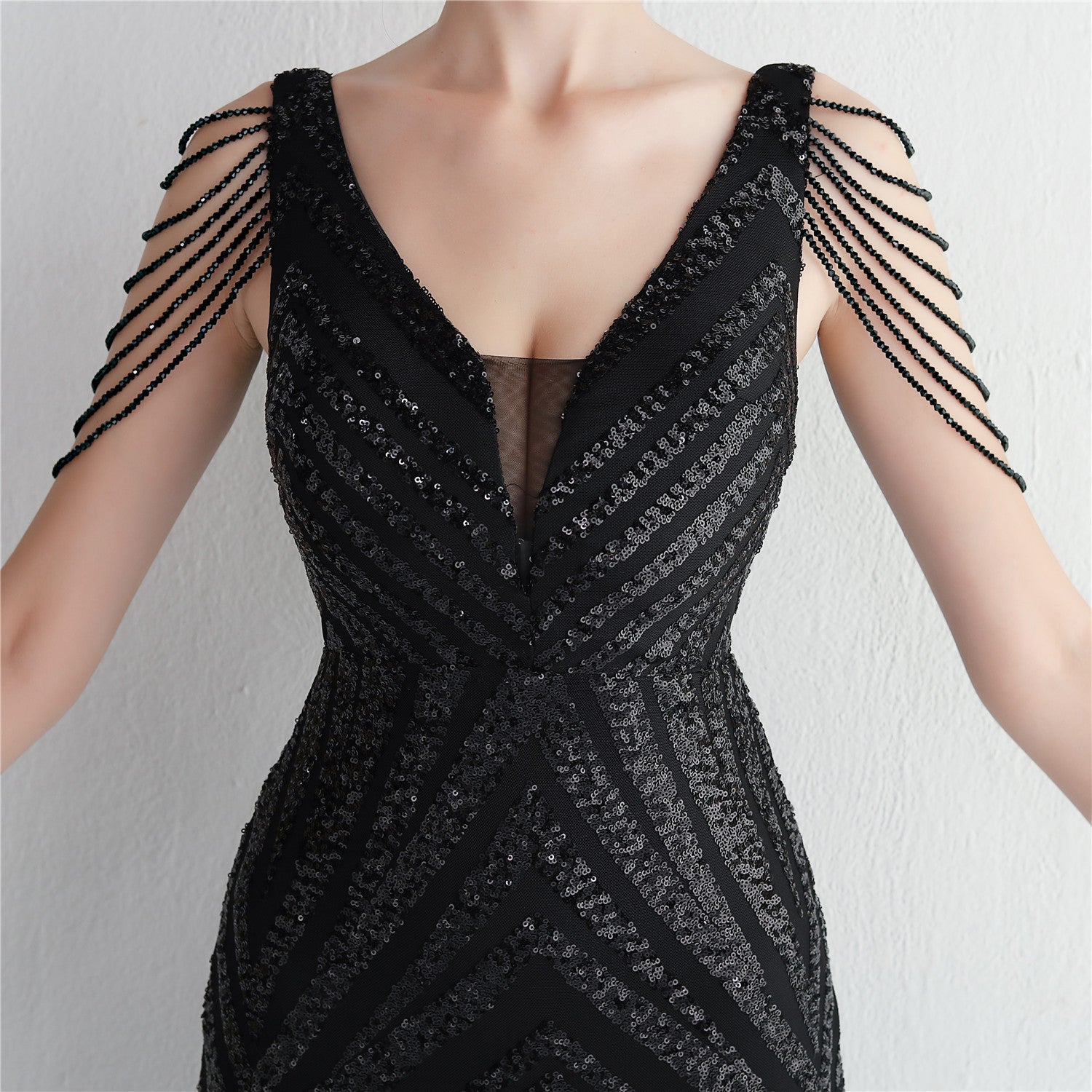 REVCHIC LUXE Elegant V-Neck Sequin Fringe Maxi Gown