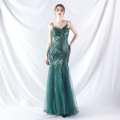 Elegant Sequin V-Neck Mesh Camisole Evening Dress