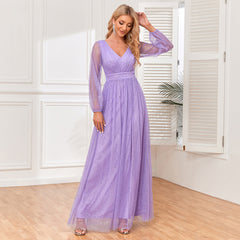 Elegant  V Neck Sheer Long Sleeve Tulle Shiny Evening Dress