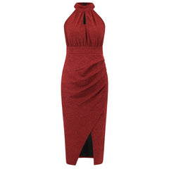 Summer Shiny Stand Collar Formal Slit Asymmetric Dress