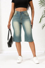 Washed Out Vintage Denim Cropped Straight Loose Shorts