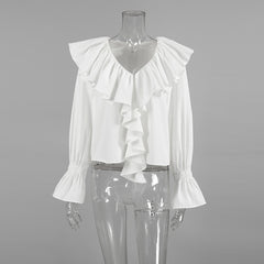 Long Sleeve Cotton Linen Ruffled Drop Shoulder Blouse