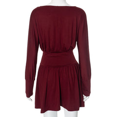 Women Solid Color Retro Long Sleeve Pleated Short Dress