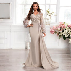 Women Sequined Satin V neck Long Sleeve Evening Gown