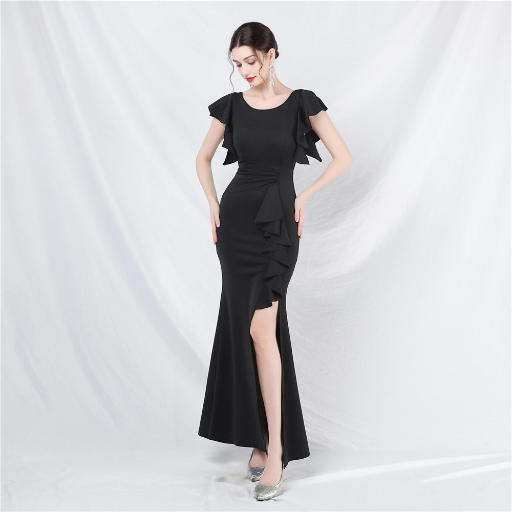 Elegant V-Neck Ruffle Short Sleeve Formal Dress