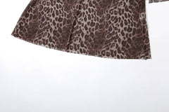 Women Leopard Print Mesh Lace Sexy Long Sleeves Party Dress