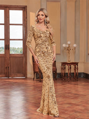 3/4 Sleeve Sequin Slim Fishtail Cocktail Evening Dress