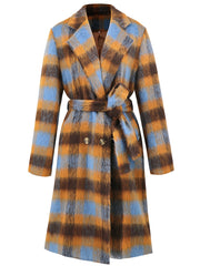 Women Double Breasted Color Contrast Check Woolen Coat