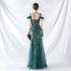 Craft Order Ostrich Hair Sequin Stitching Mesh High End Evening Dress