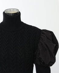 Black Short Turtleneck Puff Sleeve Sweater Top