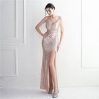REVCHIC LUXE Elegant V-Neck Sequin Split Maxi Gown