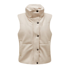 Women Leather Sleeveless Quilted Cotton Padded Jacket