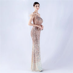 One Shoulder Gradient Velvet Bottom Sequin Feather Evening Dress