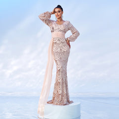 Long Sleeve Sequined V Neck Cocktail Evening Dress