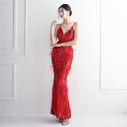 REVCHIC LUXE Elegant V-Neck Feather Sequin Maxi Gown