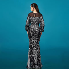 Long Sleeved Round Neck Sequined Sheath Evening Dress