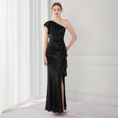 Elegant One Shoulder Sequin Evening Dress