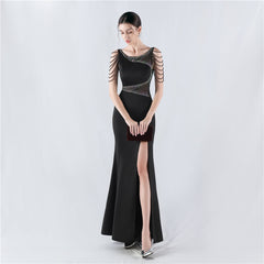 Elegant Embroidery Drilling Sheer Mesh Satin Evening Dress