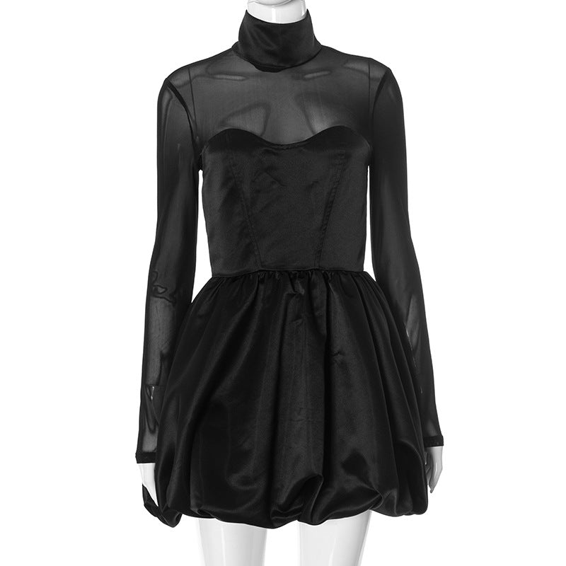 Elegant Charming Black Satin Turtleneck Transparent Sleeve Mini Dress