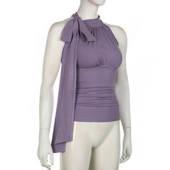 French Scarf Peplum Solid Color Pleated Sleeveless Top