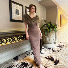 Elegant Furry off Shoulder Tube Top Shawl Formal Dress