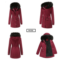 Women Fleece Lined Fur Collar Hooded Warm Jacket