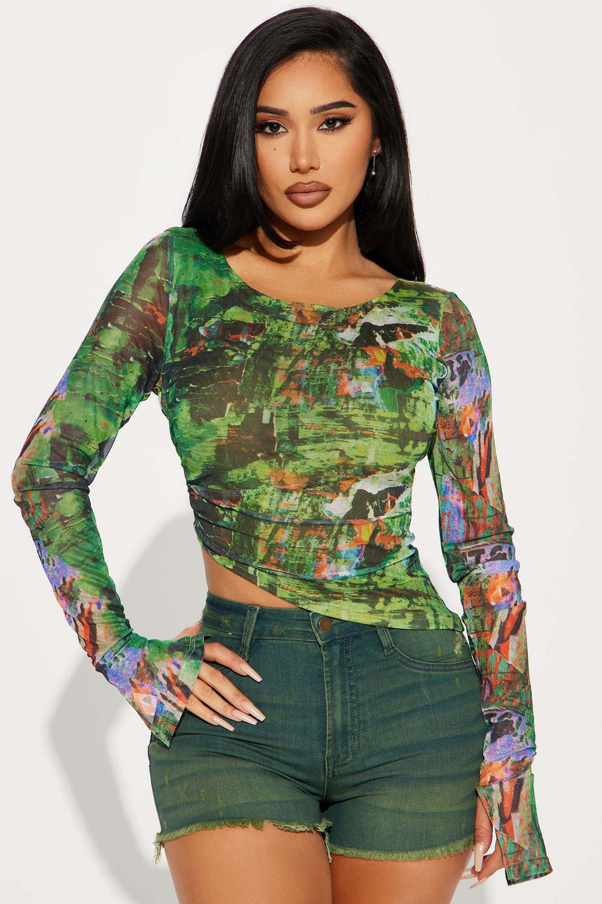 Women Sexy Mesh Floral Print Ruched Top