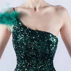 One Shoulder Gradient Velvet Bottom Sequin Feather Evening Dress