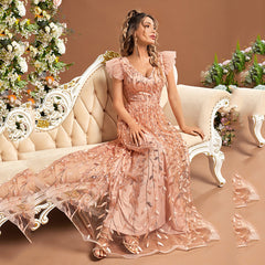 Women Flutter Sleeve Embroidery Evening Dress