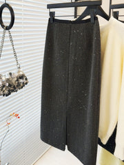 Woolen Dark Sequin High Waist Back Slit Skirt