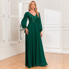 Long Sleeve Lace Up V Neck Sequin Chiffon Evening Dress