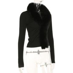 Elegant Fur Collar Stitching Black Sweater Top