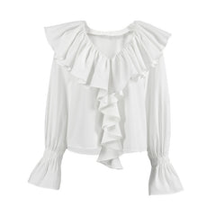 Long Sleeve Cotton Linen Ruffled Drop Shoulder Blouse