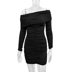 Long Sleeve Sexy One Shoulder Pleated Short Party Dress