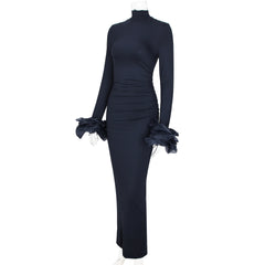 Long Sleeve Mock Neck Sheath Split Formal Dress