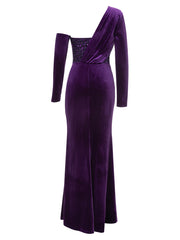 One Shoulder Long Sleeve Purple Sequined Slit Evening Dress